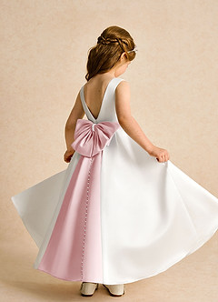 Azazie Cherry Flower Girl Dresses Ivory Powder Pink Ball-Gown Pleated Matte Satin Dress image4