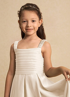 Azazie Kat Flower Girl Dresses White Alabaster A-Line Pleated Matte Satin Dress image7