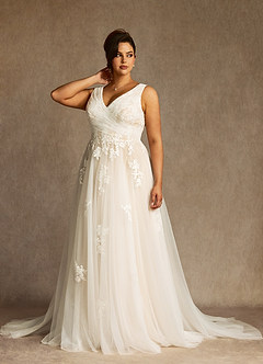 Azazie Alemia Wedding Dresses Diamond White Champagne A-Line Lace Tulle Dress image3