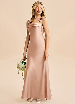 Azazie Willa Junior Vestido de Oro Rosa de Satén Elástico de Corte en A con Lazo image5