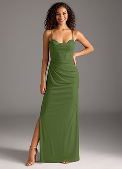 Azazie Mai Bridesmaid Dresses Olive Sheath Pleated Mesh Dress image3