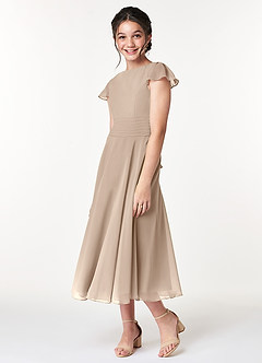 Azazie Payton Junior Taupe A-Line Bow Chiffon Dress image4