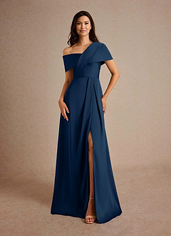 Azazie Milton Mother of the Bride Dresses Dark Navy A-Line Pleated Stretch Satin Dress image5