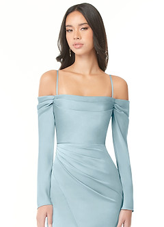 Azazie Hallie Bridesmaid Dresses Moody Blue Sheath Off-The-Shoulder Long Sleeve Stretch Satin Convertible Dress image2