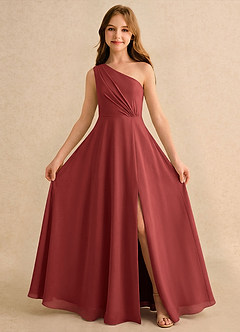 Azazie Puddles Girls Formal Jurken voor bloemenmeisjes A-lijn Jurk van Chiffon One-shoulder Terracotta image5