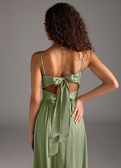 Azazie Zeya At-home Try On Dresses Olive A-Line Pleated Stretch Satin Dress image4