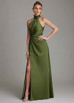 Azazie Gracelynn Vestidos de damas de honor Vestido de Oliva de Satén Elástico de Corte Recto con Plisado image6