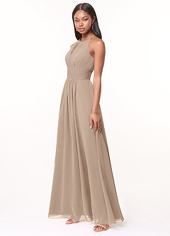 Azazie Bonnie Brautjungfernkleider A-Linie Schlüsselloch Gerüscht Chiffon Kleid Taupe image3