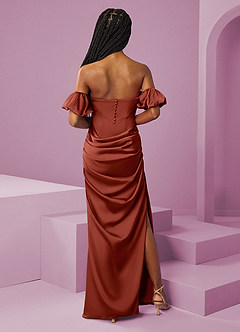 Barbie ♥ Azazie Robes de demoiselle d'honneur Robe Fourreau Convertible en Satin extensible Épaule décolletée Terracotta image9