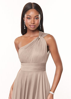 Azazie Charlize Bridesmaid Dresses Taupe A-Line One Shoulder Mesh Dress image5