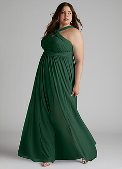 Azazie Hillian Bridesmaid Dresses Dark Green A-Line Halter Pleated Mesh Dress image10