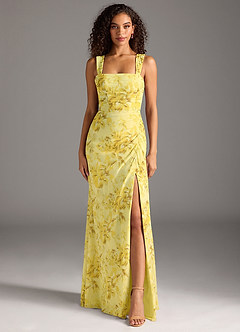 Azazie Jesaphine Vestidos de damas de honor Vestido de Sorbete De Limón Con Flores de Gasa de Corte Recto con Lazo image3