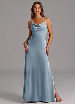 Azazie Olaine Final Sale Dusty Blue A-Line Pleated Velvet Dress image3