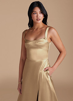 Azazie Hope Bridesmaid Dresses Champagne A-Line with Pockets Metallic Satin Dress image3