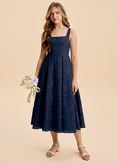 Azazie Amalie Junior Dark Navy A-Line Ruched Floral Burnout Dress image3