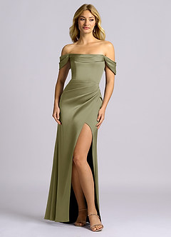 Azazie Auden Bridesmaid Dresses Pistachio Sheath Off the Shoulder Stretch Satin Convertible Dress image1