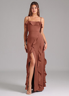 Azazie Malia Bridesmaid Dresses Auburn A-Line Side Slit Stretch Satin Dress image3
