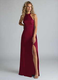Azazie Clarice Bridesmaid Dresses Burgundy A-Line High Neck Stretch Satin Dress image5