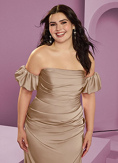 Barbie ♥ Azazie Brautjungfernkleider Wandelbar Etui Schulterfrei Stretch-Satin Kleid Taupe image15