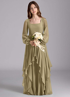 Azazie Clara Junior Abito A-Line in Chiffon Blusa Verde Muschio image7