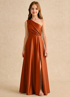 Azazie Puddles Girls Formal Flower Girl Dresses Burnt Orange A-Line One Shoulder Stretch Satin Dress image6