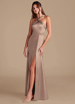 Azazie Rue Bridesmaid Dresses Taupe Mermaid Pleated Metallic Satin Dress image5