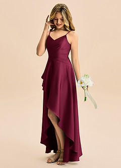 Azazie Eirlys Junior Burgundy A-Line Pleated Stretch Satin Dress image3
