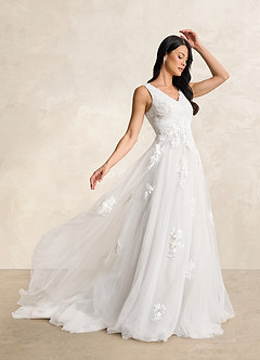 Azazie Alemia Wedding Dresses Diamond White A-Line Lace Tulle Dress image4