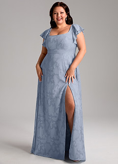 Azazie Bondi Bridesmaid Dresses Dusty Blue A-Line Side Slit Floral Burnout Dress image7