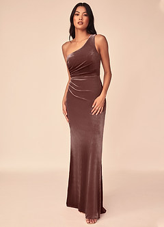Azazie Argan Bridesmaid Dresses Espresso A-Line One Shoulder Pleated Velvet Dress image4