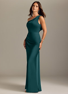 Azazie Madelyn Bridesmaid Dresses Pine Mermaid Off the Shoulder Stretch Satin Convertible Dress image3