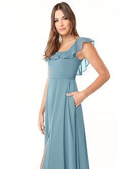 Azazie Jinny Bridesmaid Dresses Moody Blue A-Line Square Neckline Ruched Chiffon Dress image5