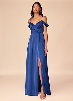 Azazie Ocean Bridesmaid Dresses Royal Blue A-Line V-Neck Pleated Stretch Satin Dress image1