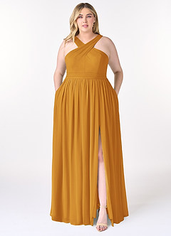 Azazie Elvira Abiti da Damigella Abito A-Line in Chiffon Plissettato Caramello image7