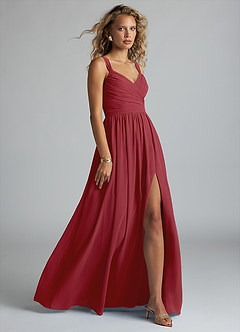 Azazie Aziza Bridesmaid Dresses Pomegranate A-Line V-Neck Pleated Chiffon Dress image3