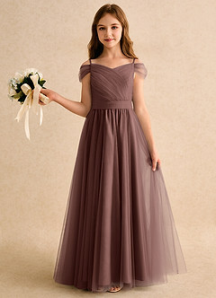 Azazie Yuna Girls Formal Abiti da Ragazza di Fiori Abito A-Line in Tulle Spalle Scoperte Espresso image3