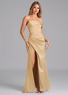 Azazie Lisbeth Jurken voor bruidsmeisjes Converteerbaar Jurk van Stretch Satijn met Zeemeermin Off the Shoulder Goud image4