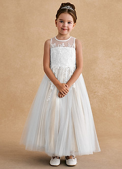 Azazie Bitsy vestidos de niña de las flores Vestido de Marfil Blanco Alabastro de Tul de Corte En A con Encaje image4