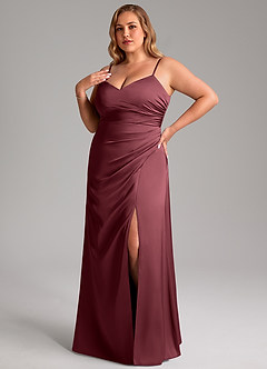 Azazie Azuree Bridesmaid Dresses Merlot A-Line Pleated Stretch Satin Dress image9