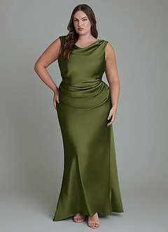Azazie Kieryn Bridesmaid Dresses Olive Mermaid Pleated Stretch Satin Dress image7