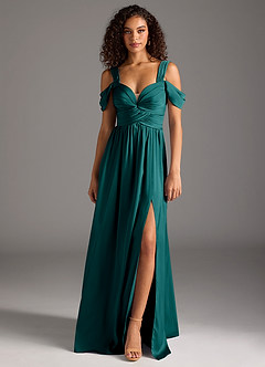 Azazie Lianne Bridesmaid Dresses Peacock A-Line Off the Shoulder Stretch Satin Dress image8
