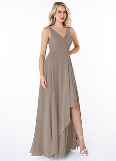 Azazie Calvi Bridesmaid Dresses Taupe A-Line Ruched Chiffon Dress image3