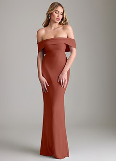 Azazie Lusinda Vestidos de madrinha de casamento Vestido Castanho Aloirado de Chiffon de sereia com Fora do ombro image4