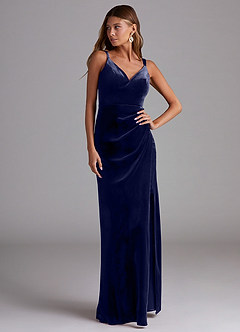 Azazie Leo Bridesmaid Dresses Dark Navy Sheath Pleated Velvet Dress image4