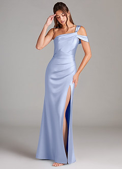 Azazie Wynter Bridesmaid Dresses Ice Sheath Off the Shoulder Stretch Satin Dress image3