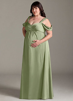 Azazie Rhea Maternity Bridesmaid Dresses A-Line Off-The-Shouler Pleated Stretch Satin Floor-Length Dress image11