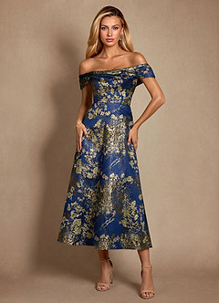 Azazie Maricela Klänningar till brudens mor Klä A-Line i Jacquard Av axeln Marinblå Blommor image1