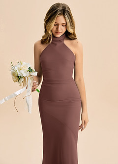 Azazie Velli Junior Meerjungfrau-Linie Hoher Kragen Chiffon Kleid Espresso image5