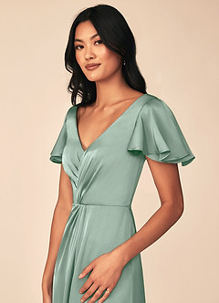 Azazie Soren Bridesmaid Dresses Agave A-Line Pleated Stretch Satin Dress image7