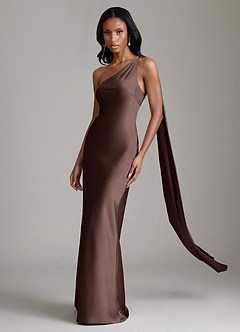 Azazie Galinda Suknie dla druhen Syrena Jedno ramię Satyna elastyczna Do ziemi Sukienka image1